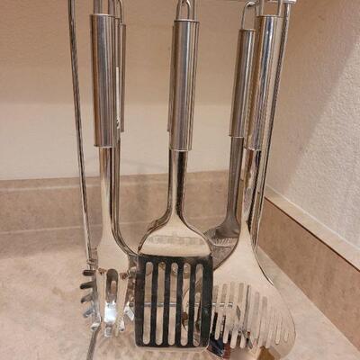 Lot 48: Stainless Kitchen Utensils with Stand
