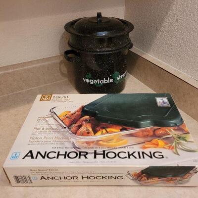 Lot 55: New Anchor Hocking Casserole Dish and Enamel Ware Veggie Steamer