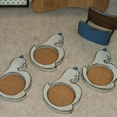 Lot 63: Cat Cutting Board, Cat Coasters and Cat Kitchen Art