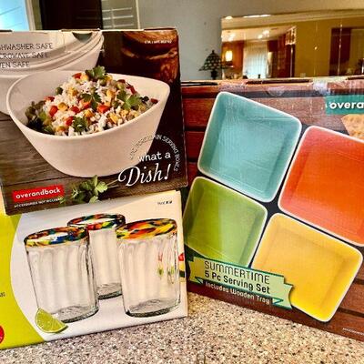 LOT 106  COLORFUL DISH SETS & GLASSES STILL IN ORIGINAL BOXES 
