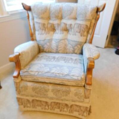 Vintage Rocker Swivel Armed Chair with Elephant and Palm Leave Pattern Upholstery 