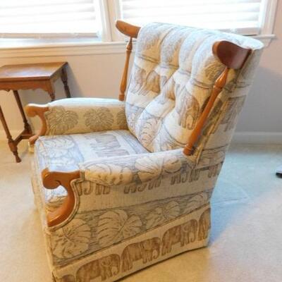 Vintage Rocker Swivel Armed Chair with Elephant and Palm Leave Pattern Upholstery 