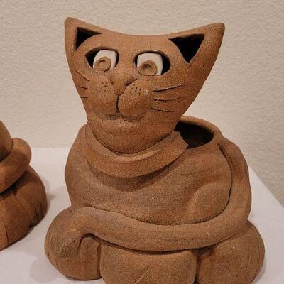 Lot 69: (3) Assorted Clay Cat Theme Garden Pots