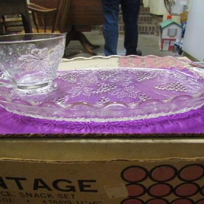 Vintage Formal Glass Snack Sets 56pcs in Original Box (Grape Pattern Glass Plates and Cups--see all Pictures) 