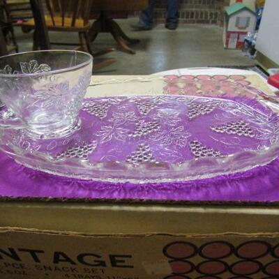 Vintage Formal Glass Snack Sets 56pcs in Original Box (Grape Pattern Glass Plates and Cups--see all Pictures) 