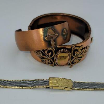 JMO13: Two Vintage copper bracelets and a vintage watch band