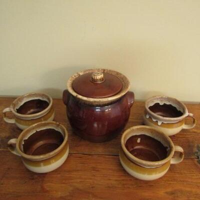 Collection of Drip Glaze Pottery Includes Hull Beanpot and Unmarked Soup Cups