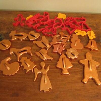 Collection of Copper and Plastic Form Cookie Cutters Various Shapes and Designs