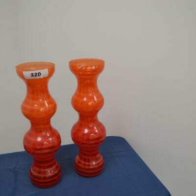 LOT 220 PAIR OF ORANGE GLASS TALL VASES MADE IN SPAIN
