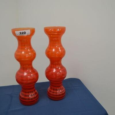 LOT 220 PAIR OF ORANGE GLASS TALL VASES MADE IN SPAIN