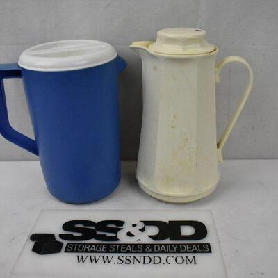 2 Drink Pitchers: Blue Rubbermaid 1 Gallon, Cream Coffee by Thermos