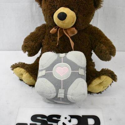 2 Stuffed Toys: Brown Teddy Bear & Gray/Pink Cube