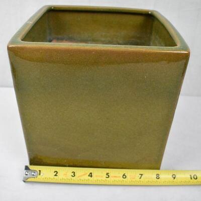 Square Ceramic Planter: Brown/Green. Small holes on 2 sides (for hanging?)