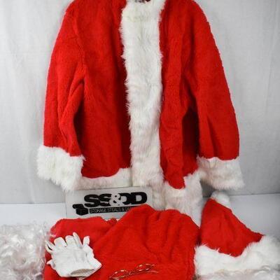 7 piece Adult Size Santa Outfit: Jacket, Pants, Wig, Glasses, Gloves, Beard, Hat
