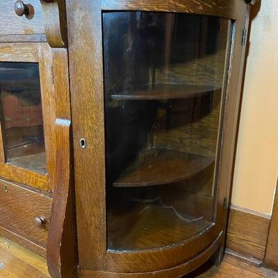 ANTIQUE TIGER WOOD BUFFET HUTCH W/ CURVED GLASS