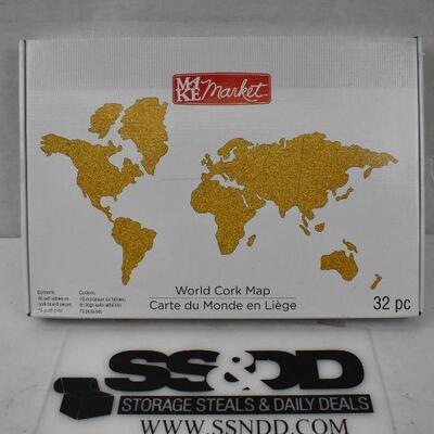 World Cork Map: 16 self adhesive cork board pieces & 16 push pins Open Box - New