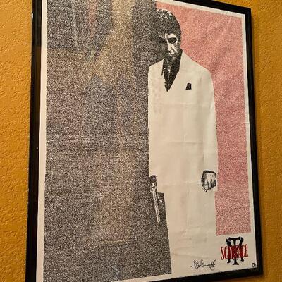 LOT 121  FRAMED SCARFACE POSTER L A POP ART SCRIPT TEXT 