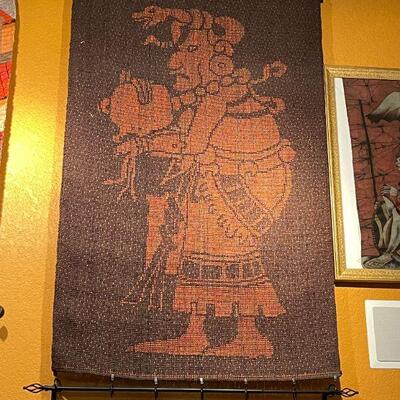 LOT 127  VINTAGE AZTEC/MAYAN/INCA GOD WEAVING WALL HANGING METAL RODS 