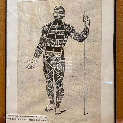 LOT 128  FRAMED ARTWORK FULL BODY TATTOO MAN TAHITI TAPA CLOTH