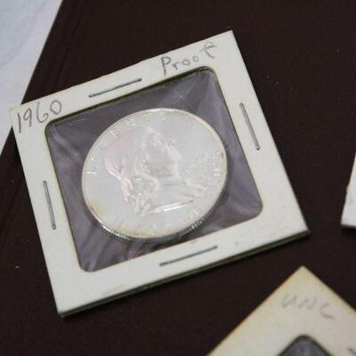 3 Franklin silver half dollars 1960, 1963 Proof/unc