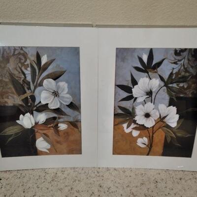 LOT 123   TWO GLASS FRAMED LEAF PICTURES & TWO FLORAL POSTERS