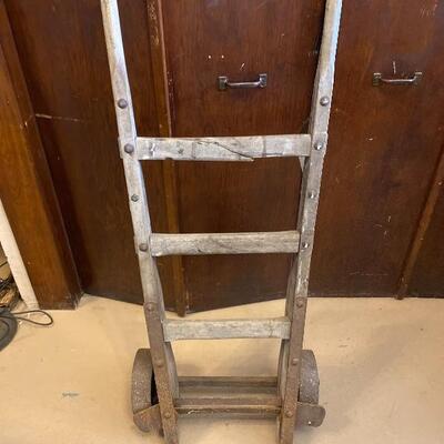 Lot# 85 Antique Lansing Company Two Wherl Dolly Steampunk Industrial Cast Iron Wood Steel