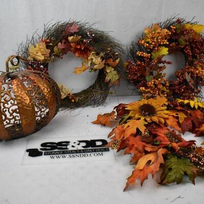 4 pc Fall Decor: 1 Metal Pumpkin & 3 Wreaths