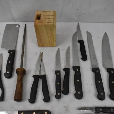 25 pc: Knife Block, Knife Sharpener, Scissors, and 22 Knives