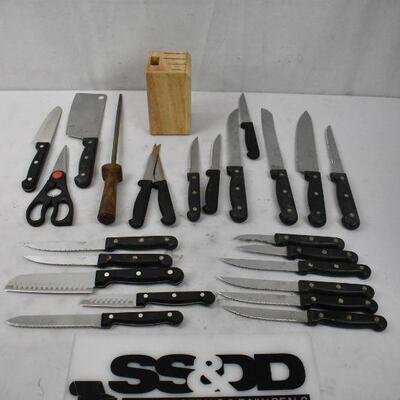 25 pc: Knife Block, Knife Sharpener, Scissors, and 22 Knives