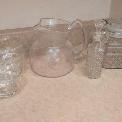 Lot 21: Glass Pitcher, (4) Dessert Bowls, Cut Glass Oil Cruet and Jar
