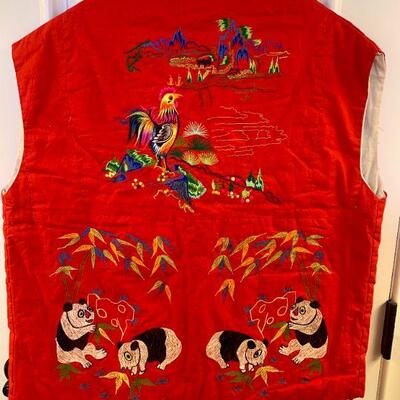 LOT 130  LARGE SIZE RED VEST CHINESE EMBROIDERY PANDAS 