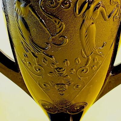 LOT 144  ANTIQUE BLACK GLASS LOVING CUP VASE NYMPHS DANCING HEART SHAPE VIGNETTE 