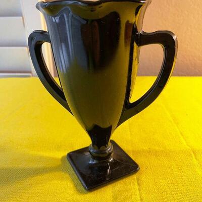 LOT 144  ANTIQUE BLACK GLASS LOVING CUP VASE NYMPHS DANCING HEART SHAPE VIGNETTE 
