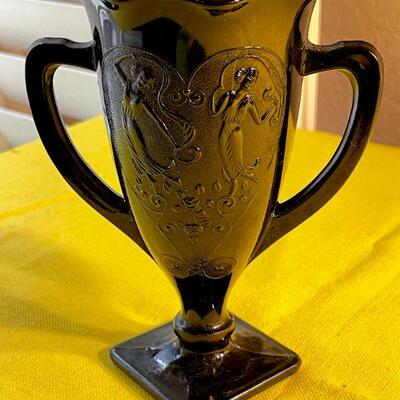 LOT 144  ANTIQUE BLACK GLASS LOVING CUP VASE NYMPHS DANCING HEART SHAPE VIGNETTE 