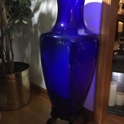 Massive 30â€ Tall Vintage Cobalt Blue Glass Floor Vase. LOT 1