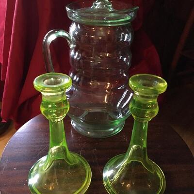 Vintage Green Glass 10.5â€ Pitcher with Pair if 7.5â€ Vaseline Glass Candle Holders. LOT 15