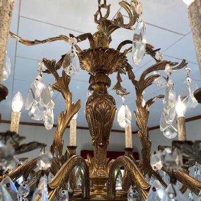 B - Vintage Brass and Cut Crystal Chandelier