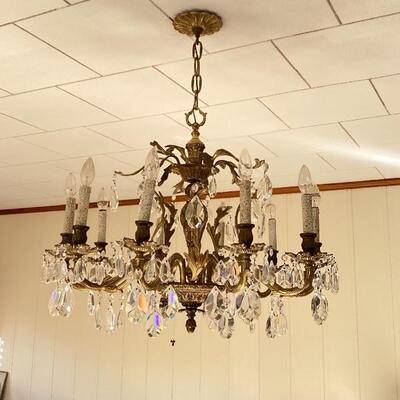 B - Vintage Brass and Cut Crystal Chandelier