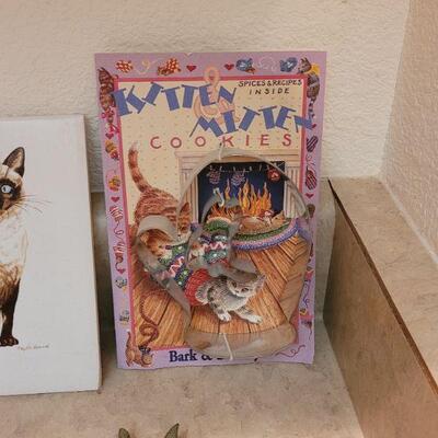 Lot 31: Cat Folk Art Picture, Siamese Cats Tile, Cookie Cutters, Cat with Hook & CoasterStones