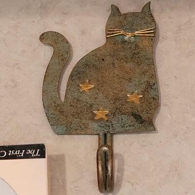 Lot 31: Cat Folk Art Picture, Siamese Cats Tile, Cookie Cutters, Cat with Hook & CoasterStones