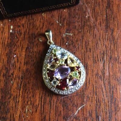 14k Yellow Gold Teardrop Pendant with Colored Gems 1â€ x 1.5â€h. LOT 26