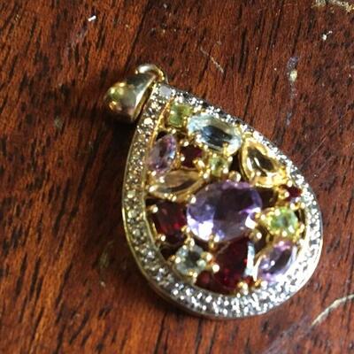 14k Yellow Gold Teardrop Pendant with Colored Gems 1â€ x 1.5â€h. LOT 26