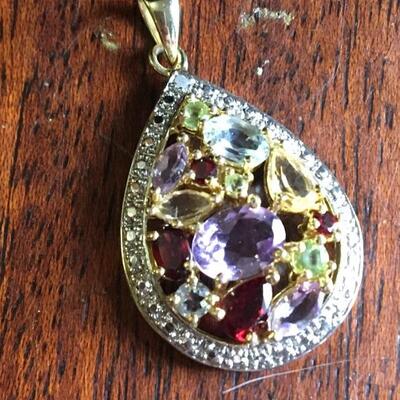 14k Yellow Gold Teardrop Pendant with Colored Gems 1â€ x 1.5â€h. LOT 26