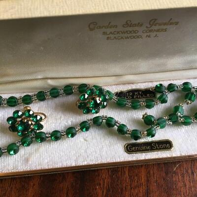 Vintage Czech Green Glass Vintage 16â€ Necklace and Earring Set. LOT 29 