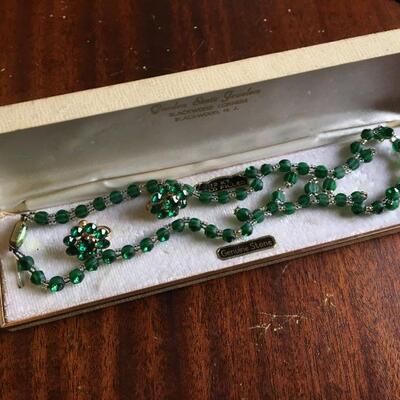 Vintage Czech Green Glass Vintage 16â€ Necklace and Earring Set. LOT 29 