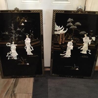 Pair of Large Asian Black Lacquer Wall Hangings with MOP Art 24â€ x 36â€ each. LOT 37