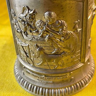 LOT 196  LIDDED PEWTER COLLECTOR'S GERMAN STEIN 3 SCENES PORTRAIT ON LID  