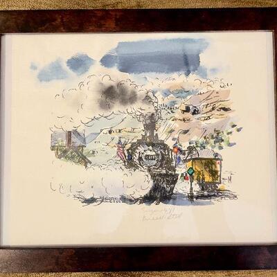 LOT 199  PAIR OF INK PRINTS W/COLOR WASH ARTIST SIGNED RUSSELL STEEL RAILROAD TRAIN ART 