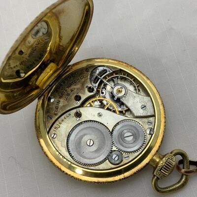 -3- ELGIN | Open Face Pocket Watch with Chain | 15j | 1927 | 18K Chain-4.5g
