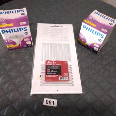 Lot 081  14" x 6" Ceiling and wall Register, 2 Phillips 100W Flood Lights NEW